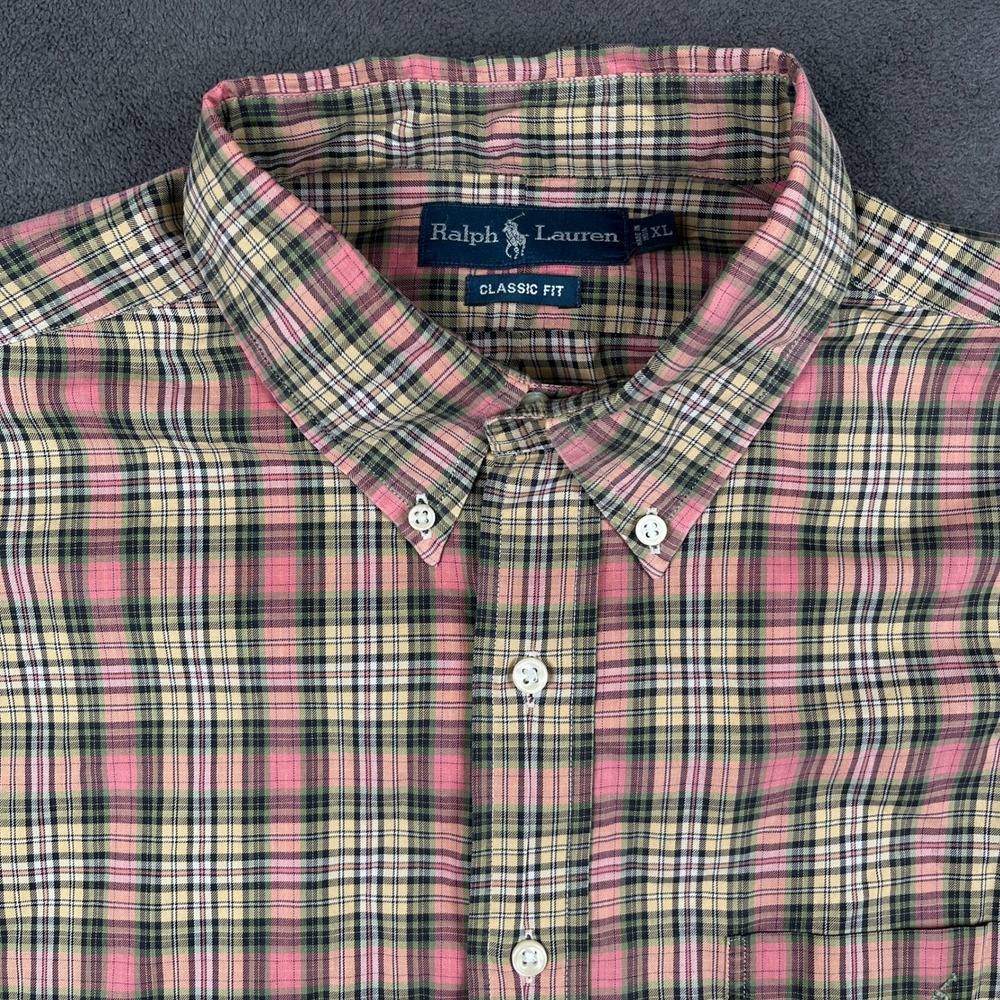 Ralph Lauren Shirt Mens XL Pink Tan Plaid Classic Fit Long Sleeve Cotton Button